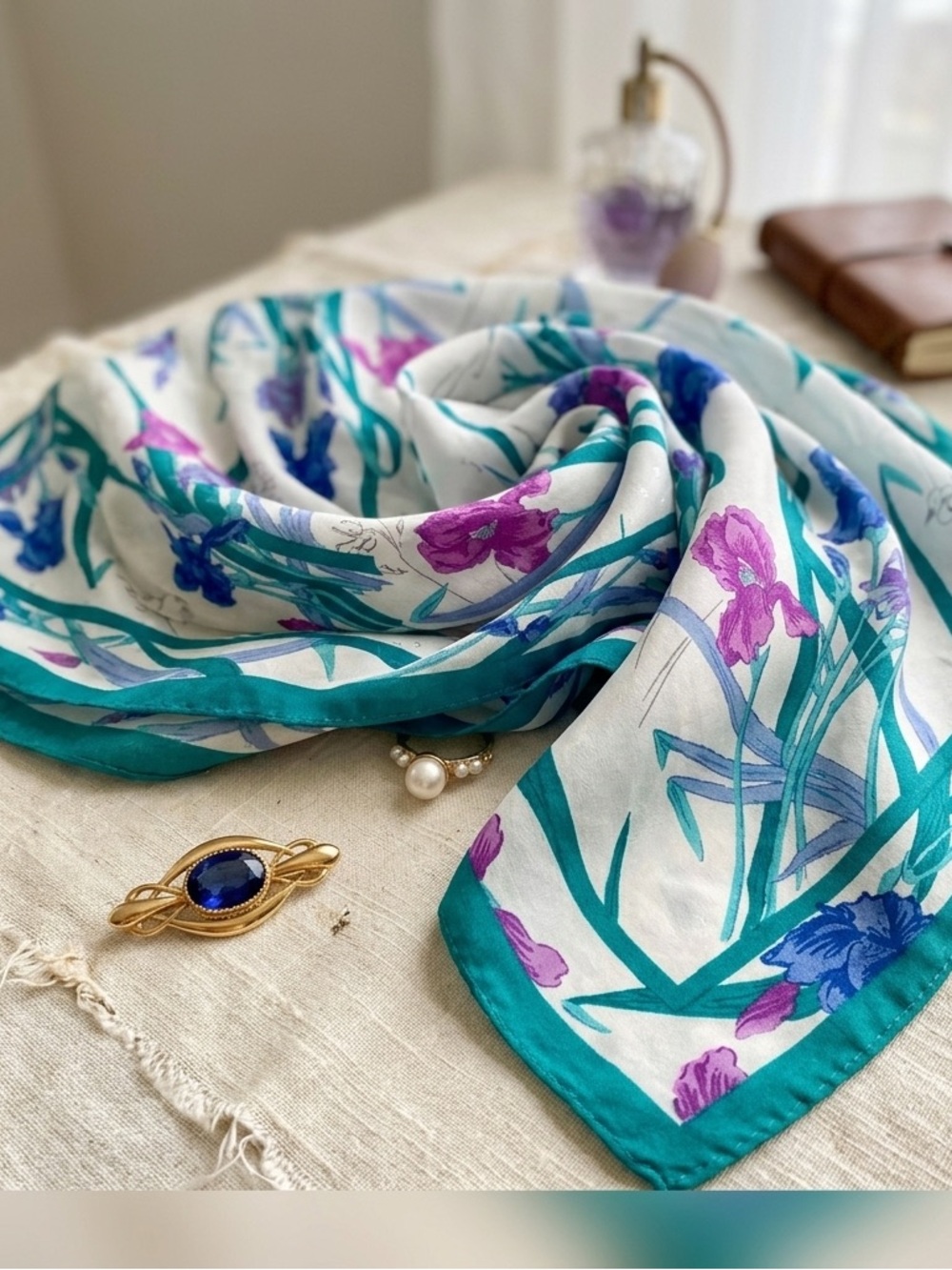 Vintage Peters & Ashley Floral Iris Scarf 35" Large Square Silk Style Wrap